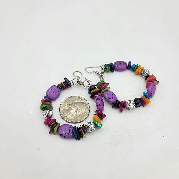 Beaded Multicolor French Hook Dangle Hoop Earrings Boho 90s Vintage - Picture 6 of 7